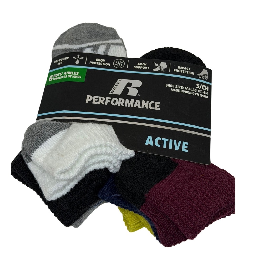 Russell Performance Socks Multi Boys Ankle Active 6-Pack Shoe SZ 4.5-8.5 New NWT